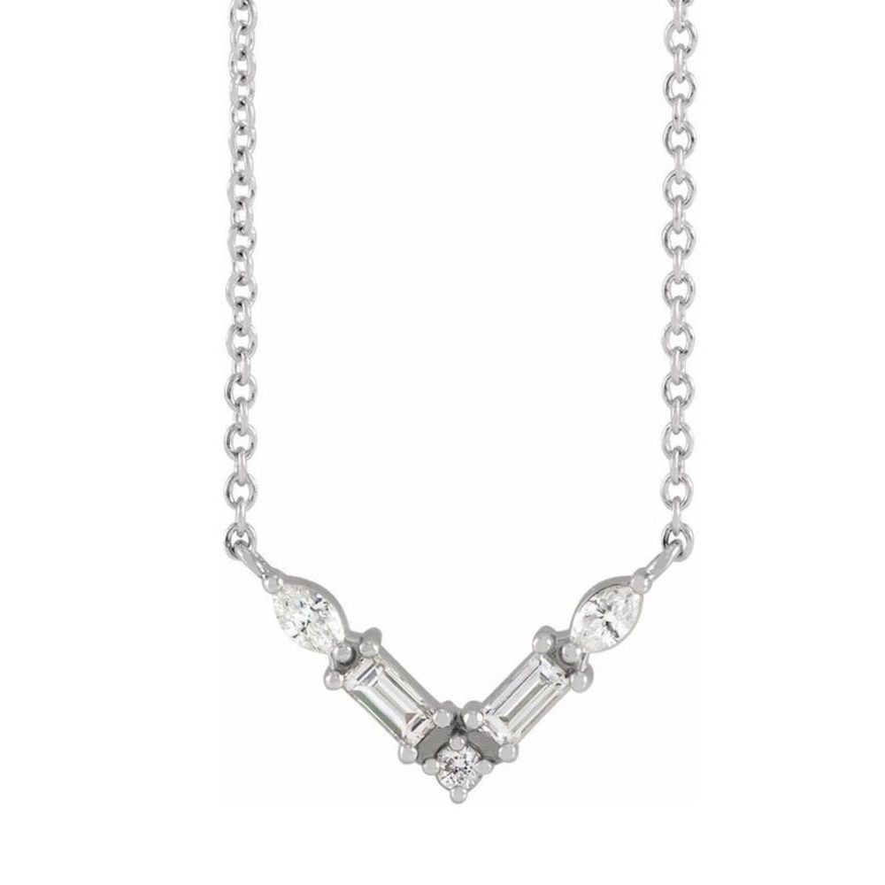 14K White Gold 1/6 CTW Diamond V Shaped Bar Necklace, 16 Inch